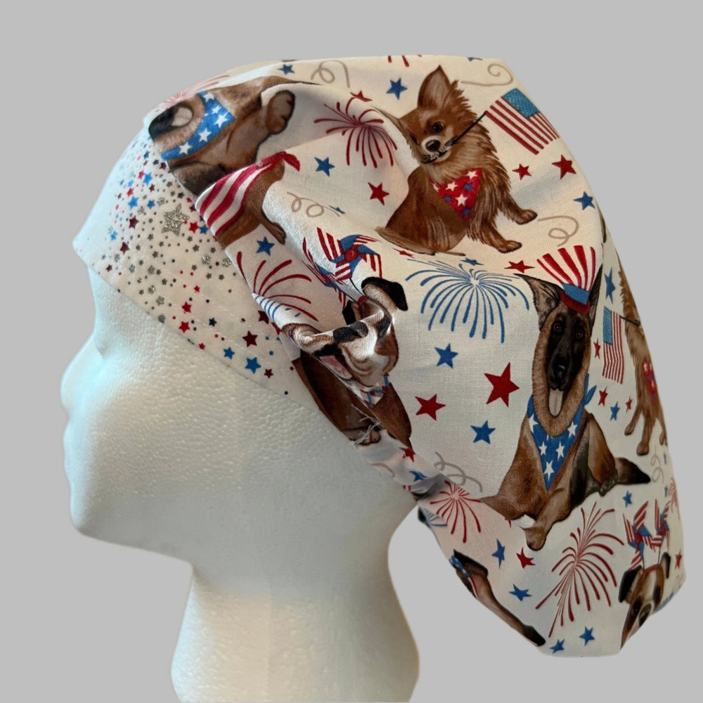 Patriotic Dog Bouffant Scrub Cap | USA Flag Puppy Surgical Bouffant Cap | Fireworks Fourth of July Nurse Hat | Veterinary Scrub Hat | OR Cap
