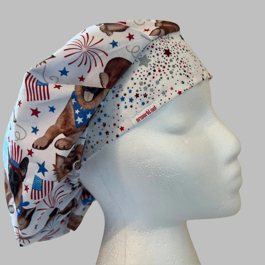Patriotic Dog Bouffant Scrub Cap | USA Flag Puppy Surgical Bouffant Cap | Fireworks Fourth of July Nurse Hat | Veterinary Scrub Hat | OR Cap