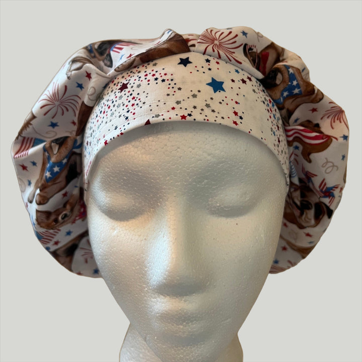 Patriotic Dog Bouffant Scrub Cap | USA Flag Puppy Surgical Bouffant Cap | Fireworks Fourth of July Nurse Hat | Veterinary Scrub Hat | OR Cap