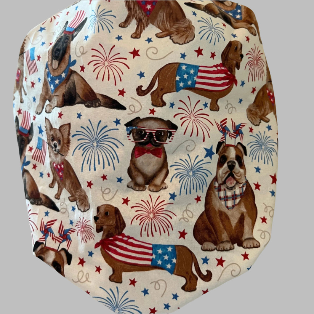 Patriotic Dog Bouffant Scrub Cap | USA Flag Puppy Surgical Bouffant Cap | Fireworks Fourth of July Nurse Hat | Veterinary Scrub Hat | OR Cap