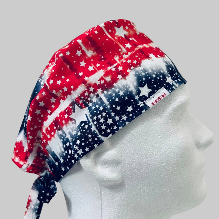 Patriotic Tie-Dye American Flag Scrub Cap – Red White Blue Stars Surgical Cap – Men’s Tie Back OR Hat USA Nurse Doctor Cap