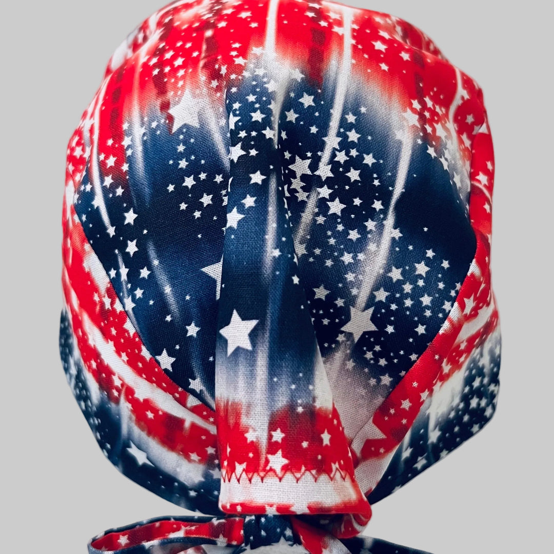 Patriotic Tie-Dye American Flag Scrub Cap – Red White Blue Stars Surgical Cap – Men’s Tie Back OR Hat USA Nurse Doctor Cap