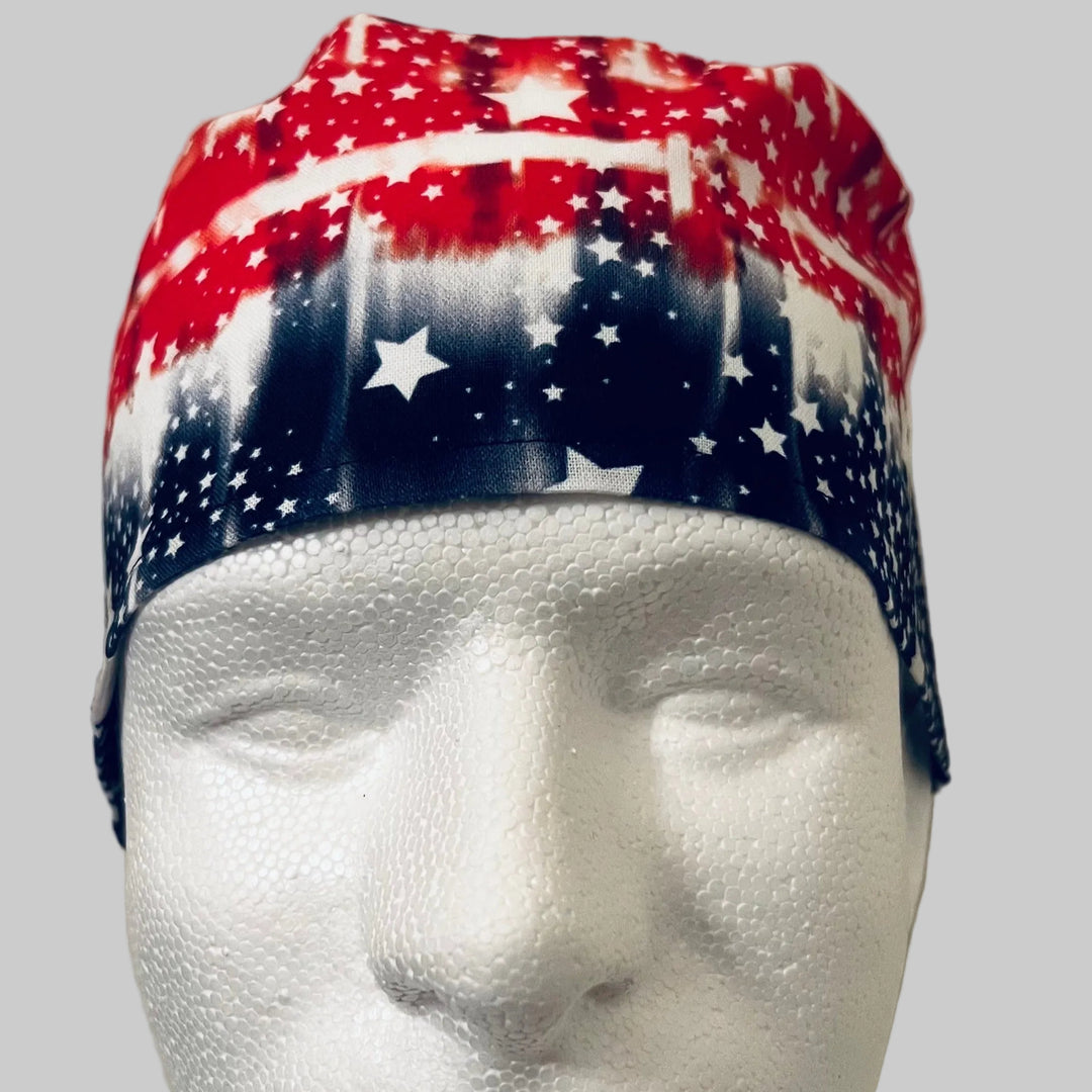 Patriotic Tie-Dye American Flag Scrub Cap – Red White Blue Stars Surgical Cap – Men’s Tie Back OR Hat USA Nurse Doctor Cap