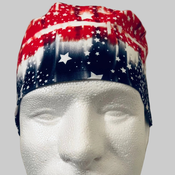 Patriotic Tie-Dye American Flag Scrub Cap – Red White Blue Stars Surgical Cap – Men’s Tie Back OR Hat USA Nurse Doctor Cap