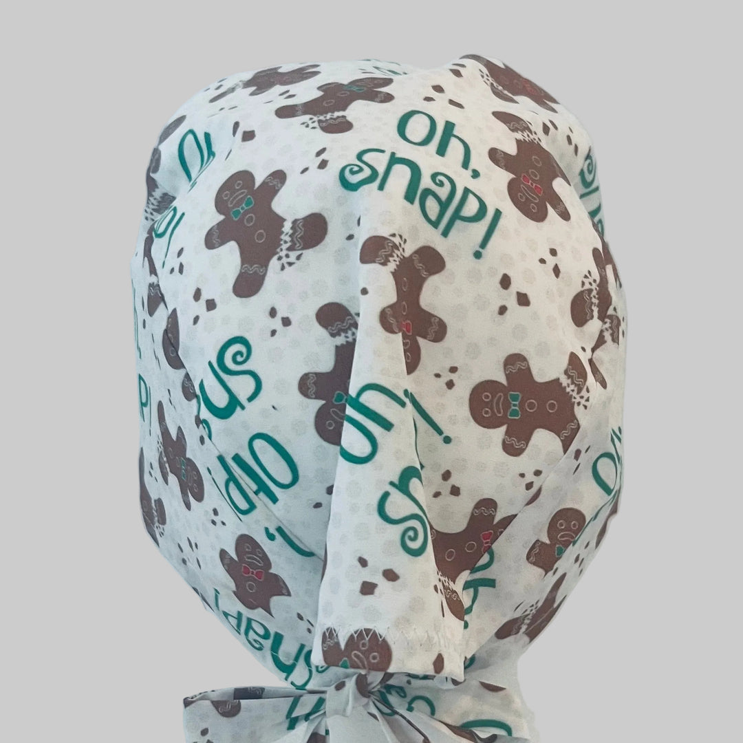Funny Gingerbread Christmas Scrub Cap – “Oh Snap!” Holiday Surgical Cap-back view