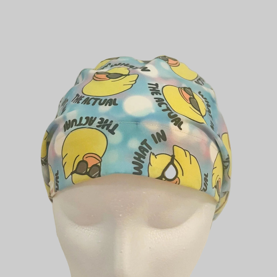Funny Duck Euro Scrub Cap|"What in the Actual" Humor Surgical Hat for Nurses | front view
