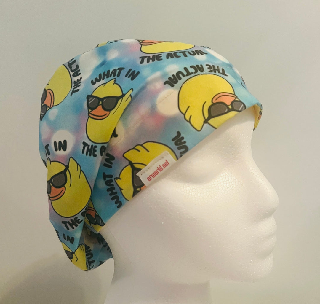 Funny Duck Euro Scrub Cap|"What in the Actual" Humor Surgical Hat for Nurses | right side view