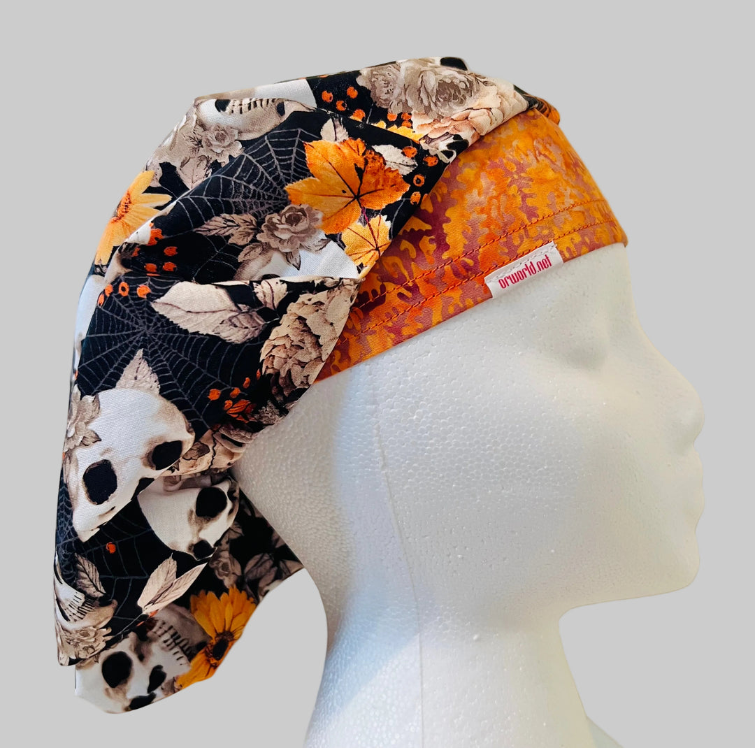 Fall Skull Bouffant Scrub Cap | Halloween Nurse Hat for Long Hair | Orange Floral Skull Surgical Cap | Autumn Medical Cap