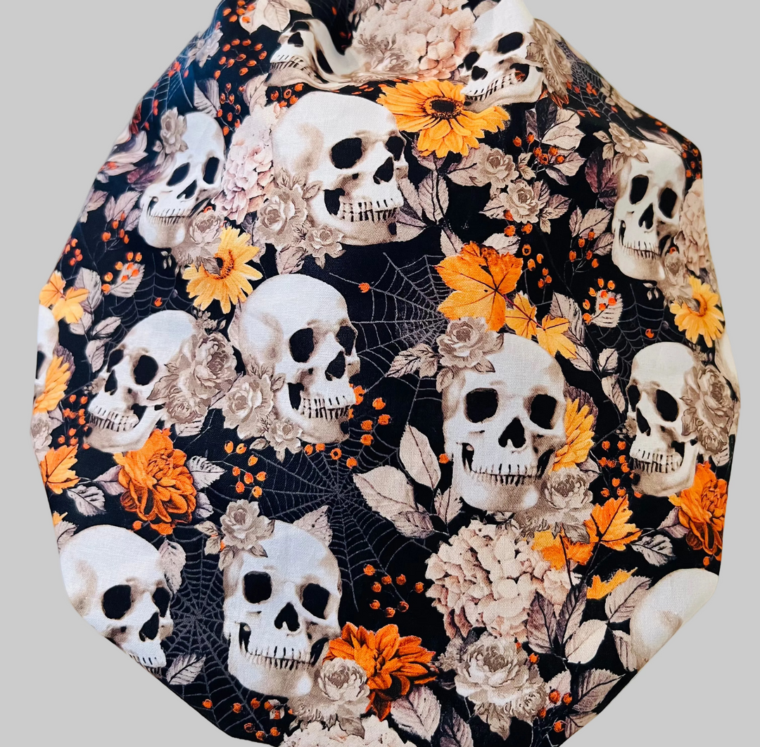 Fall Skull Bouffant Scrub Cap | Halloween Nurse Hat for Long Hair | Orange Floral Skull Surgical Cap | Autumn Medical Cap