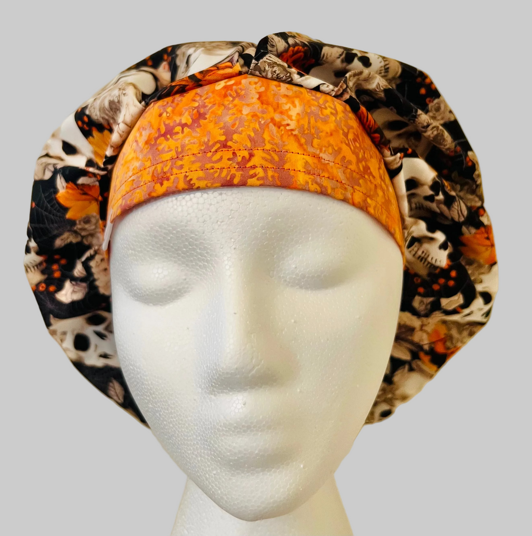 Fall Skull Bouffant Scrub Cap | Halloween Nurse Hat for Long Hair | Orange Floral Skull Surgical Cap | Autumn Medical Cap