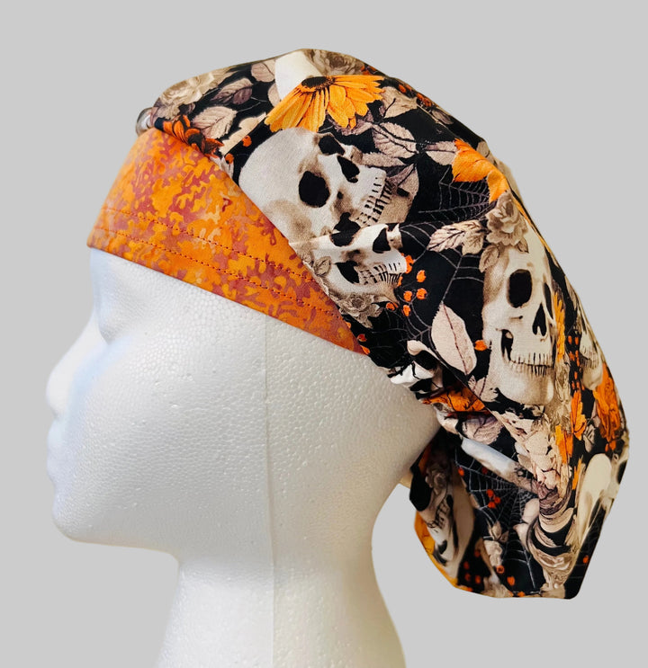 Fall Skull Bouffant Scrub Cap | Halloween Nurse Hat for Long Hair | Orange Floral Skull Surgical Cap | Autumn Medical Cap
