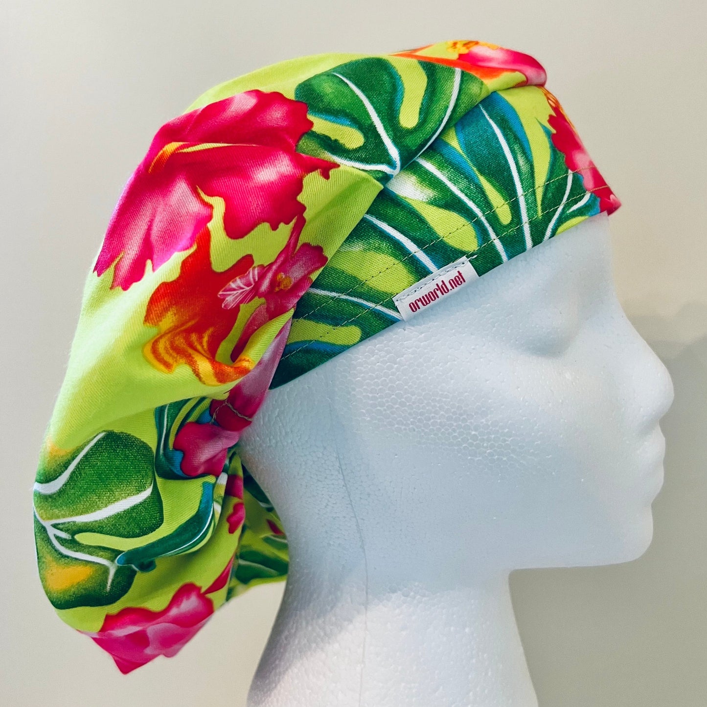 Bouffant-Hawaiian-lime green with pink Hibiscus flowers