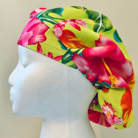 Bouffant-Hawaiian-lime green with pink Hibiscus flowers
