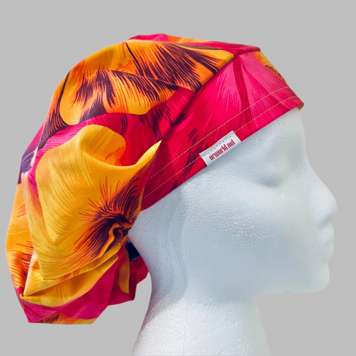 Tropical Hawaiian Hibiscus Bouffant Scrub Cap | Bright Island Floral Surgical Hat for Women