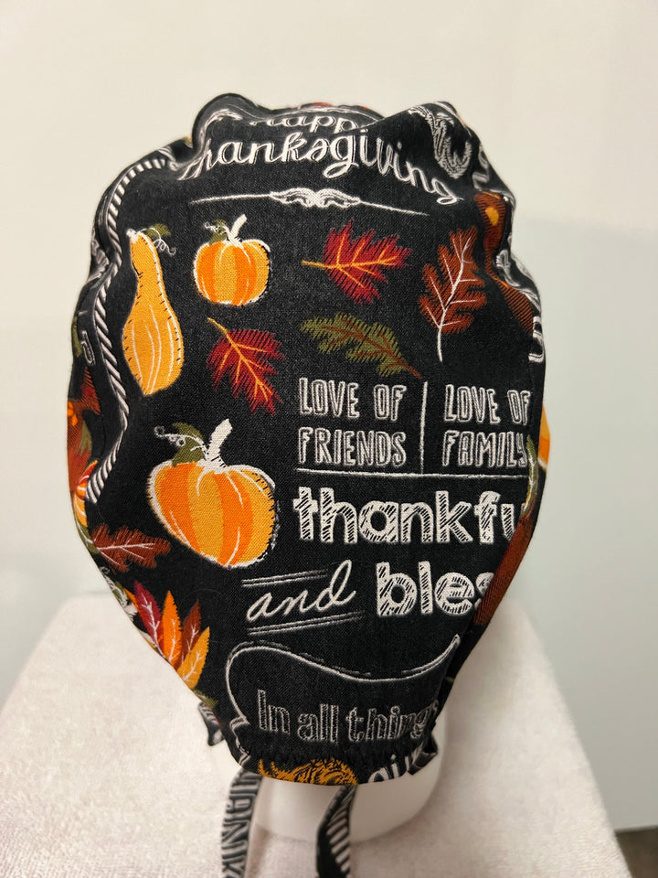 Side view of Thanksgiving "Blessed &amp; Thankful" tie-back scrub cap — handmade-in-USA OR World surgical hat, fall gift for nurses &amp; surgeons.