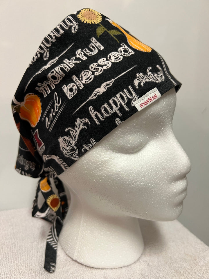 Thanksgiving fall scrub cap lettered Blessed, Thankful &amp; Give Thanks — handmade USA tie-back surgical hat for OR nurses &amp; surgeons.