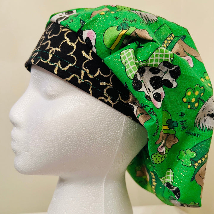 Side view of lucky dogs &amp; gold clover bouffant scrub cap — handmade USA St. Patrick&