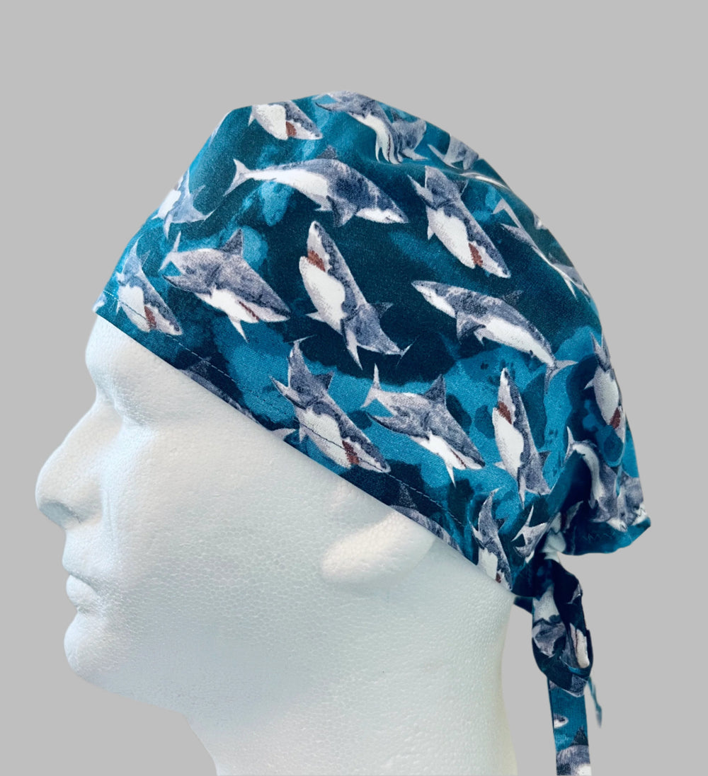Shark great white ocean scrub cap, handmade men's tie-back marine life surgical hat, product view