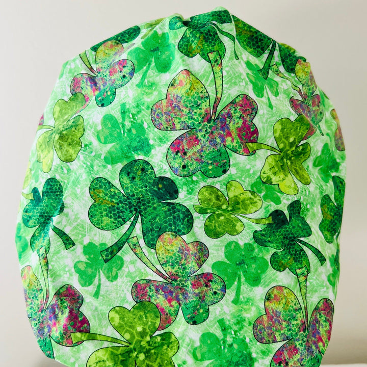 Watercolor four-leaf clover bouffant scrub cap for St. Patrick&