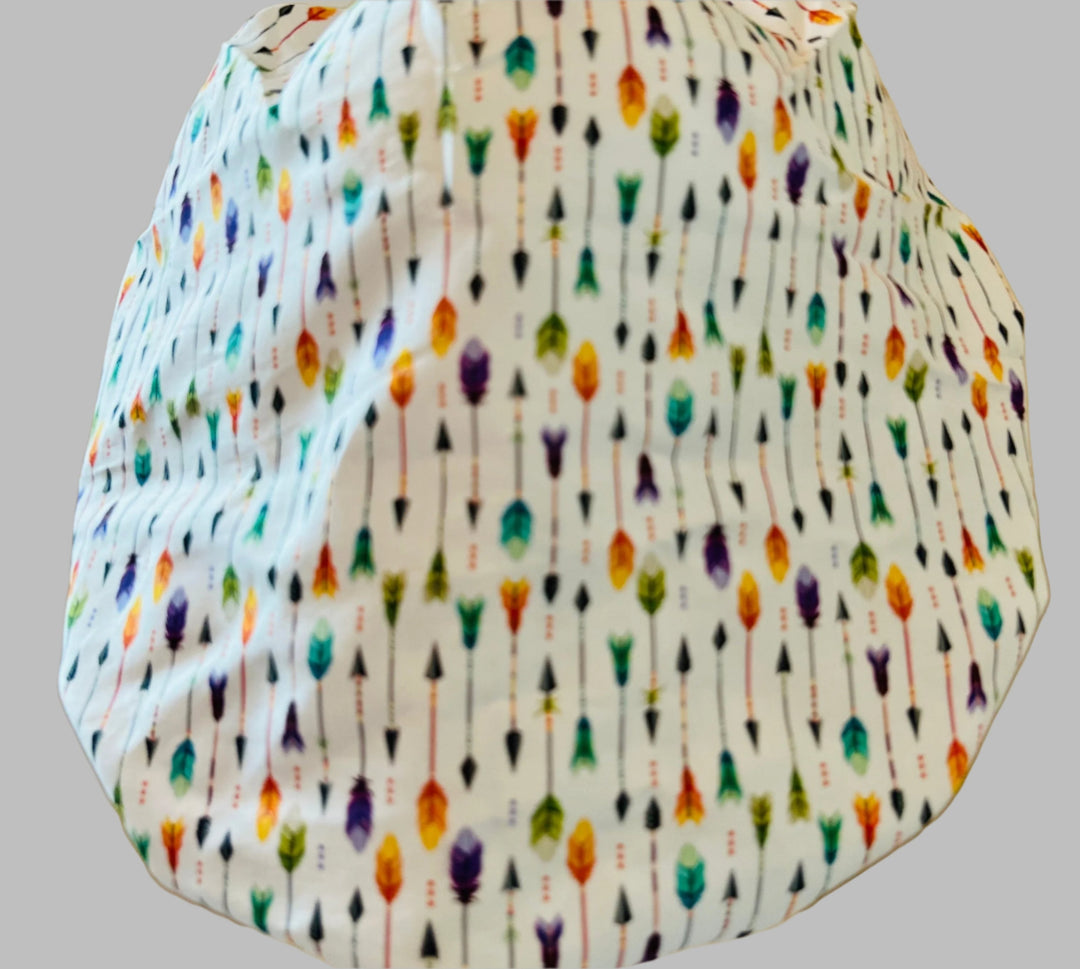 Colorful geometric arrow bouffant scrub cap with contrast band — handmade-in-USA OR World surgical hat for women with long hair.