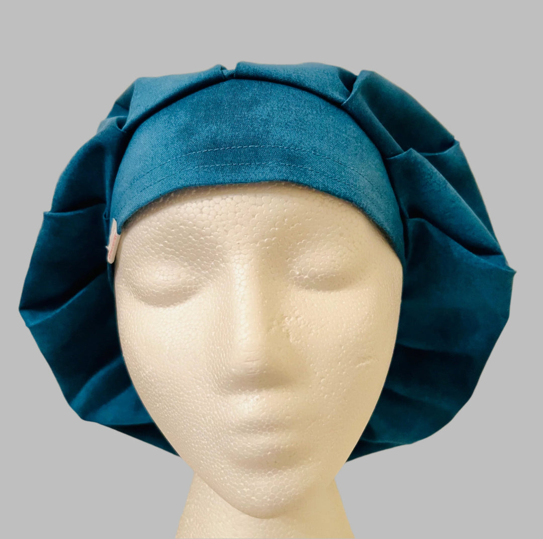 Front view of solid blue bouffant scrub cap — handmade USA plain blue surgical hat for OR nurses, surgeons &amp; techs.