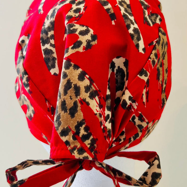 Scrub Cap Leopard Heart Print | Handmade Surgical Hat for Nurses, Surgeons &amp; Healthcare Professionals | Adjustable Unisex OR Cap | Satin Lining Option