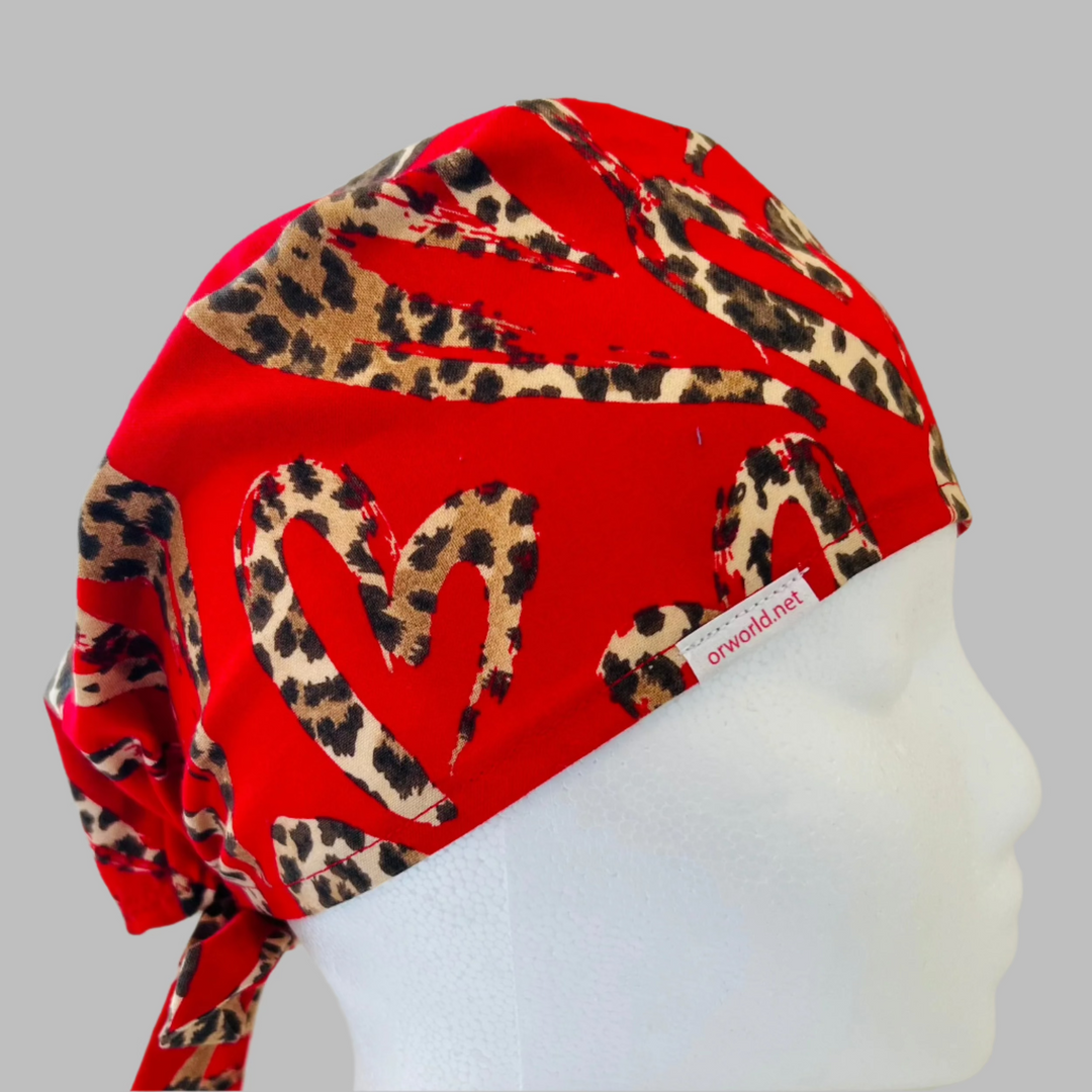 Scrub Cap Leopard Heart Print | Handmade Surgical Hat for Nurses, Surgeons & Healthcare Professionals | Adjustable Unisex OR Cap | Satin Lining Option
