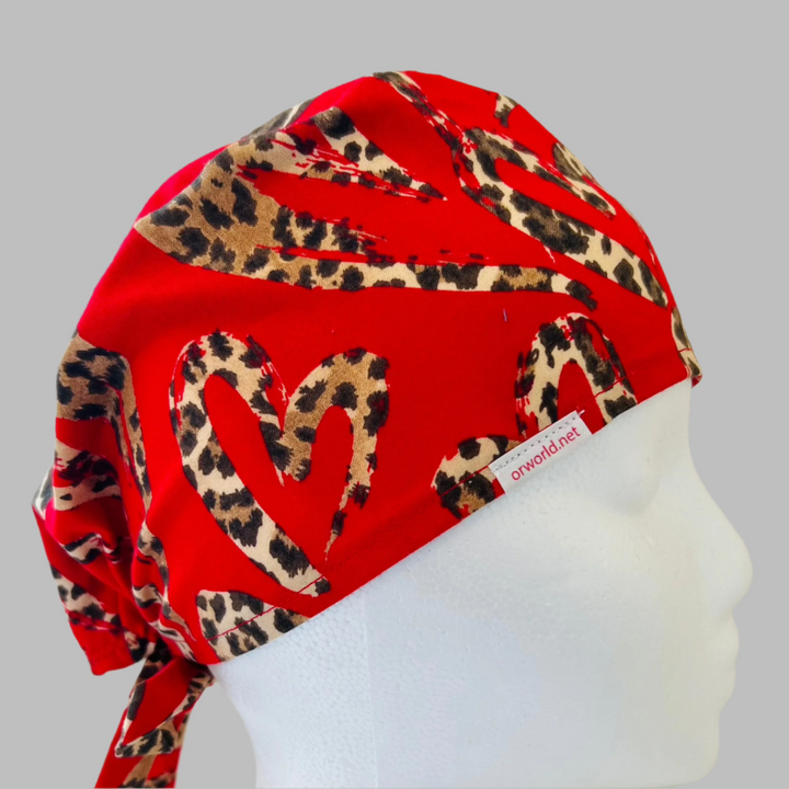 Scrub Cap Leopard Heart Print | Handmade Surgical Hat for Nurses, Surgeons &amp; Healthcare Professionals | Adjustable Unisex OR Cap | Satin Lining Option