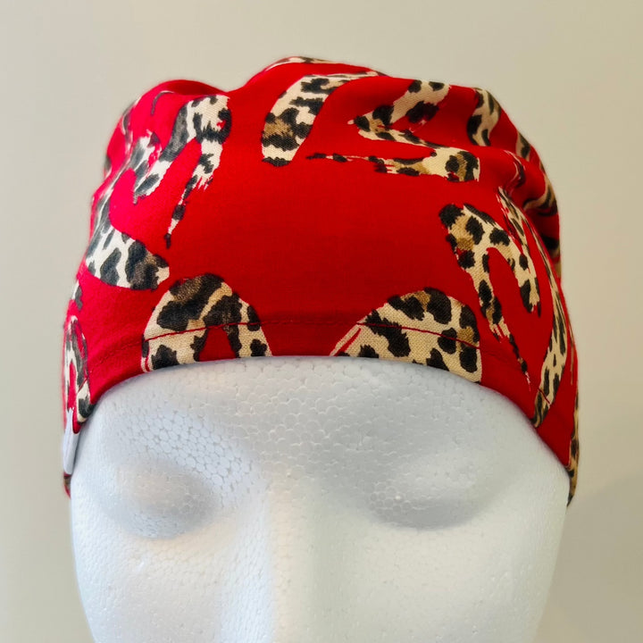 Scrub Cap Leopard Heart Print | Handmade Surgical Hat for Nurses, Surgeons &amp; Healthcare Professionals | Adjustable Unisex OR Cap | Satin Lining Option