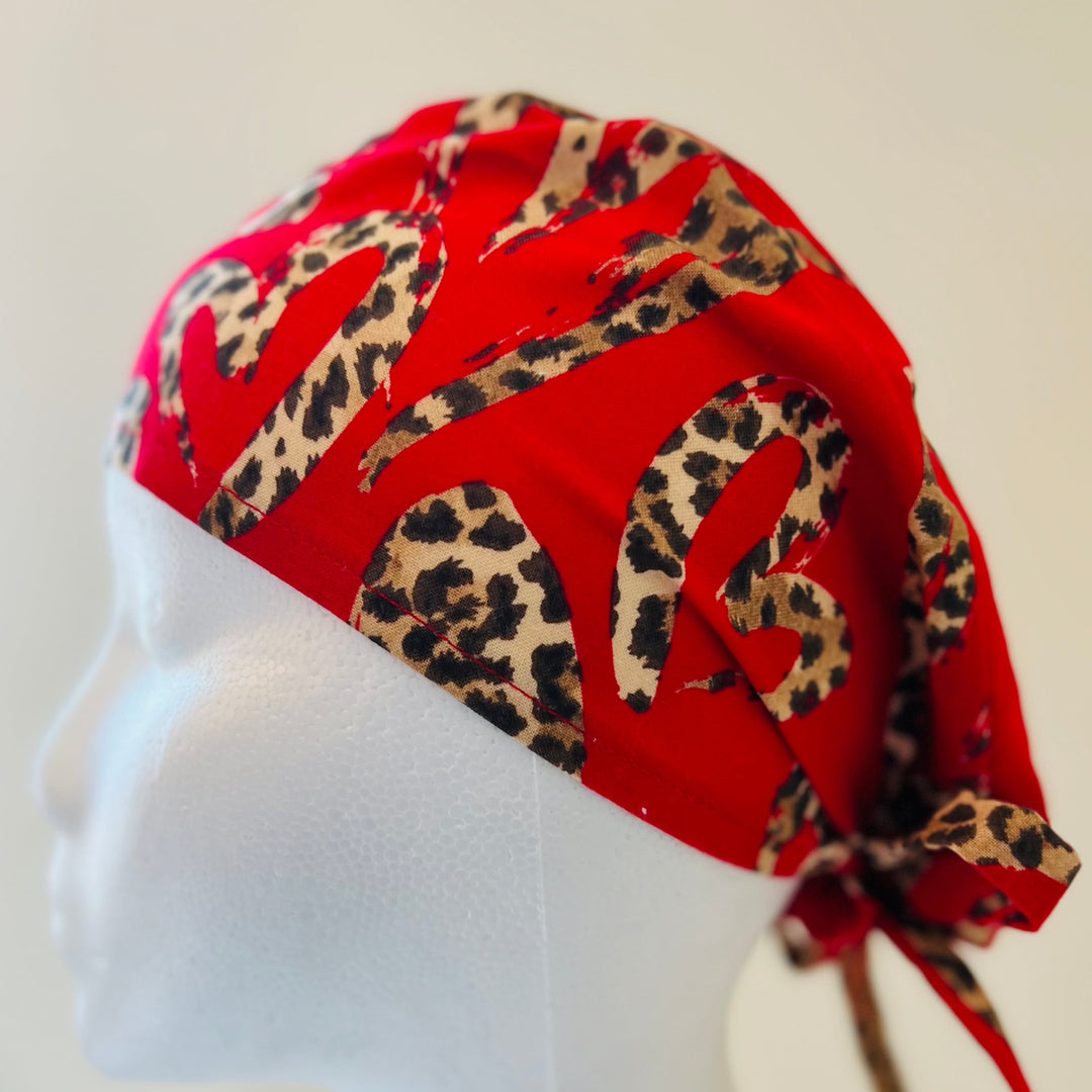 Scrub Cap Leopard Heart Print | Handmade Surgical Hat for Nurses, Surgeons &amp; Healthcare Professionals | Adjustable Unisex OR Cap | Satin Lining Option
