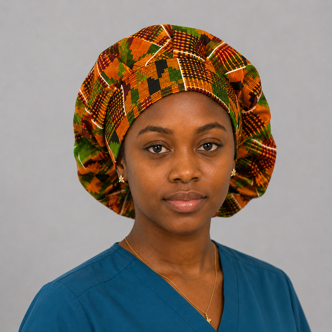 Nurse wearing African Kente Ghana bouffant scrub cap traditional orange green geometric pattern surgical hat teal scrubs OR World handmade
