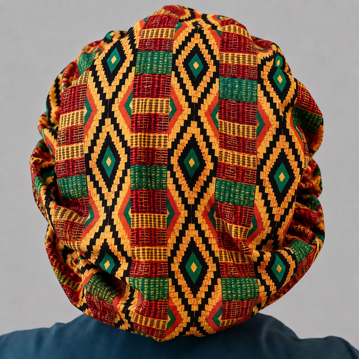 Kente Ghana African Print Bouffant Scrub Cap for Women with Optional Satin Lining, Handmade Surgical Hat for Nurses, Doctors and Healthcare Professionals, Adjustable African Fabric Scrub Cap for Natural Hair and Long Hair, Comfortable Medical Cap with Traditional Ghana Kente Design-back view