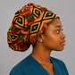 Kente Ghana African Print Bouffant Scrub Cap for Women with Optional Satin Lining, Handmade Surgical Hat for Nurses, Doctors and Healthcare Professionals, Adjustable African Fabric Scrub Cap for Natural Hair and Long Hair, Comfortable Medical Cap with Traditional Ghana Kente Design-side view