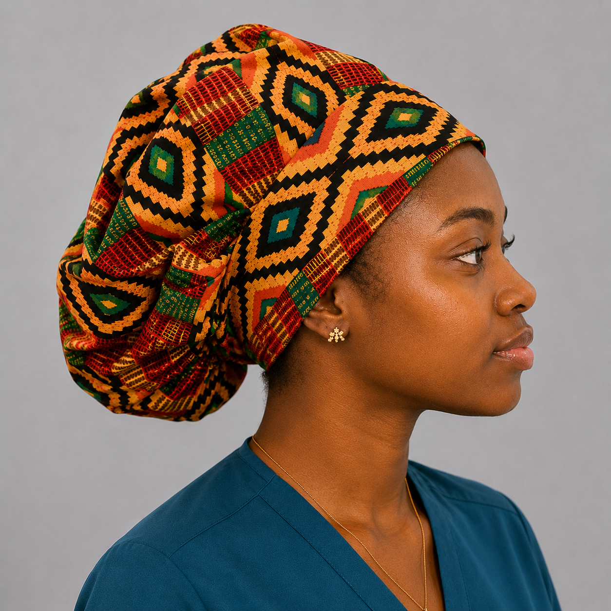 Kente Ghana African Print Bouffant Scrub Cap for Women with Optional Satin Lining, Handmade Surgical Hat for Nurses, Doctors and Healthcare Professionals, Adjustable African Fabric Scrub Cap for Natural Hair and Long Hair, Comfortable Medical Cap with Traditional Ghana Kente Design-side view