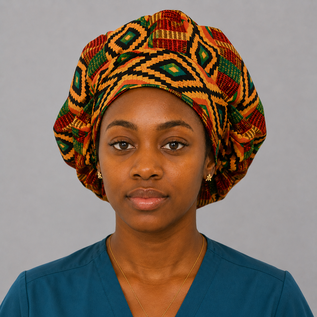 Kente Ghana African Print Bouffant Scrub Cap for Women with Optional Satin Lining, Handmade Surgical Hat for Nurses, Doctors and Healthcare Professionals, Adjustable African Fabric Scrub Cap for Natural Hair and Long Hair, Comfortable Medical Cap with Traditional Ghana Kente Design-front view