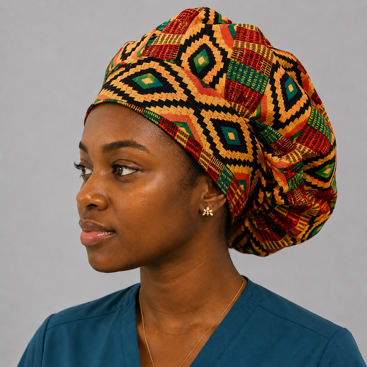 Kente Ghana African Print Bouffant Scrub Cap for Women with Optional Satin Lining, Handmade Surgical Hat for Nurses, Doctors and Healthcare Professionals, Adjustable African Fabric Scrub Cap for Natural Hair and Long Hair, Comfortable Medical Cap with Traditional Ghana Kente Design-front view