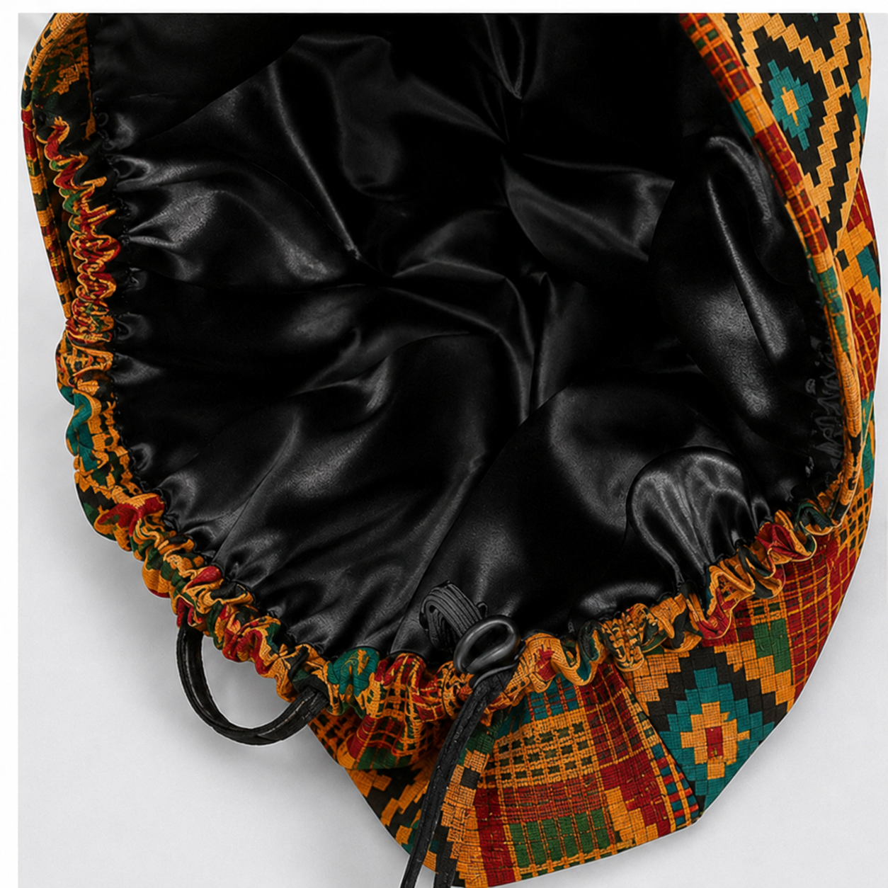 Kente Ghana African Print Bouffant Scrub Cap for Women with Optional Satin Lining, Handmade Surgical Hat for Nurses, Doctors and Healthcare Professionals, Adjustable African Fabric Scrub Cap for Natural Hair and Long Hair, Comfortable Medical Cap with Traditional Ghana Kente Design-inside satin lining option view