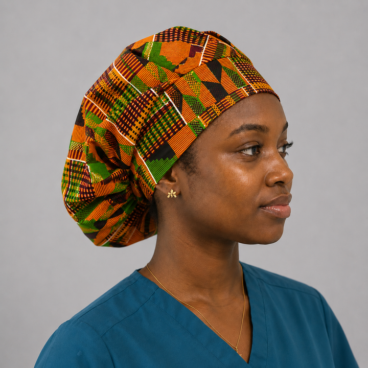 African Kente Ghana bouffant scrub cap side view 2 traditional Ghana print surgical hat adjustable fit for nurses and surgical techs handmade USA