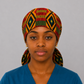 Colorful African Kente print XXL ponytail scrub cap Ghana inspired surgical hat for extra long braids jumbo locs and thick natural hair handmade OR World-front view