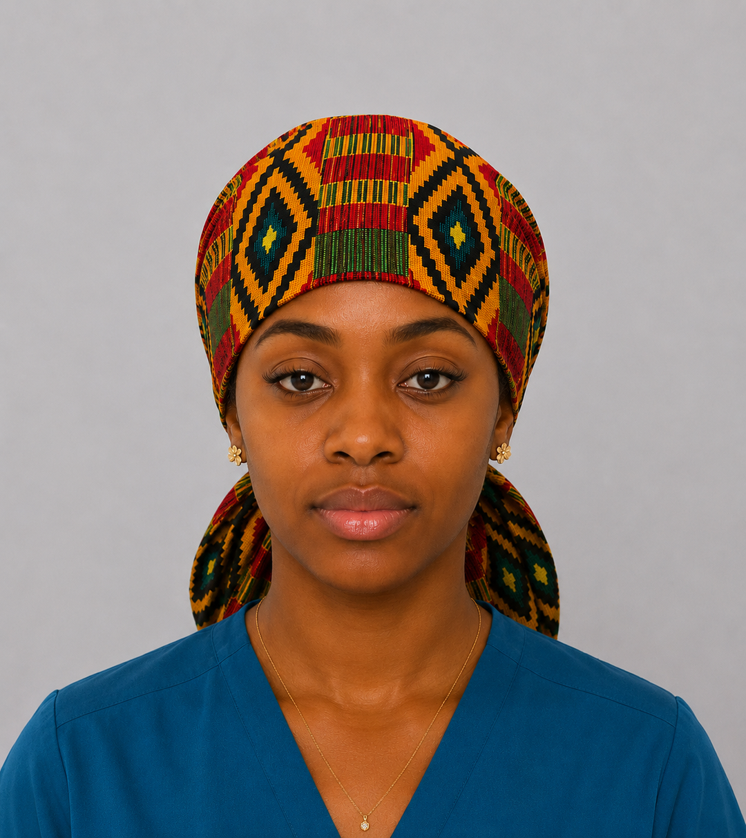 Colorful African Kente print XXL ponytail scrub cap Ghana inspired surgical hat for extra long braids jumbo locs and thick natural hair handmade OR World-front view