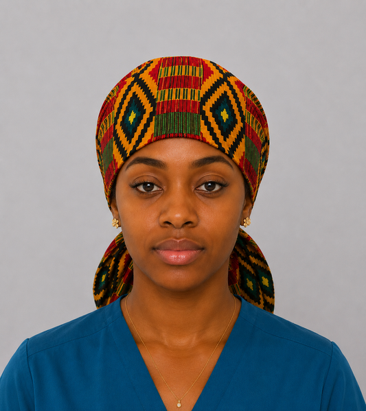 Colorful African Kente print XXL ponytail scrub cap Ghana inspired surgical hat for extra long braids jumbo locs and thick natural hair handmade OR World-front view