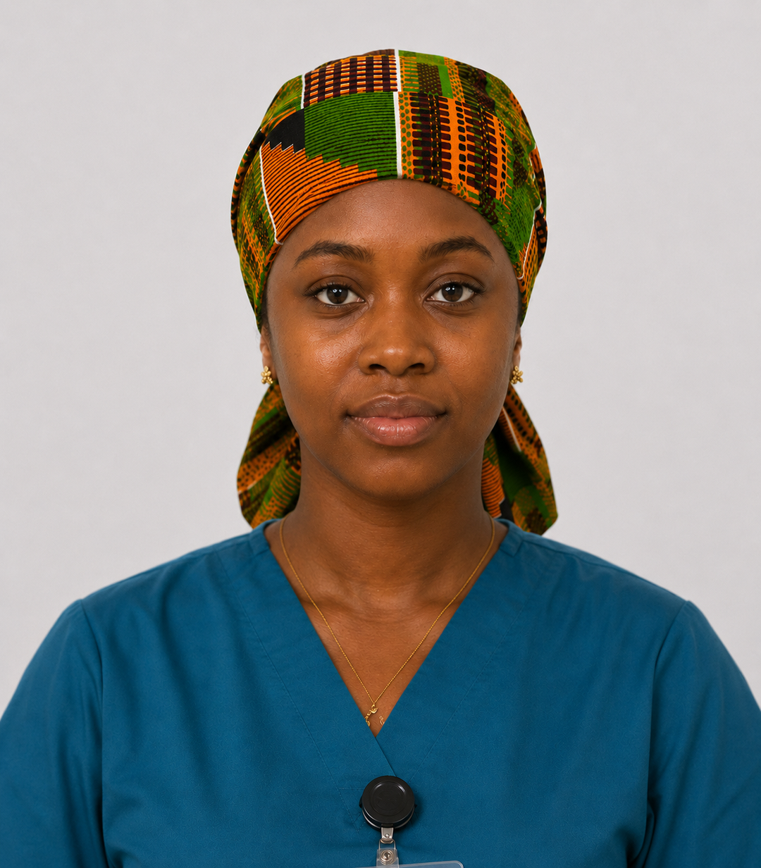 African Kente Fabric Scrub Cap for Women, XL Ponytail Surgical Hat with Traditional Ghana Print, Handmade Medical Scrub Cap for Nurses, Doctors and Surgical Techs, Satin Lining Available front view 3