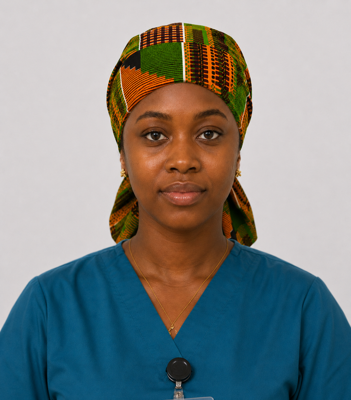 African Kente Fabric Scrub Cap for Women, XL Ponytail Surgical Hat with Traditional Ghana Print, Handmade Medical Scrub Cap for Nurses, Doctors and Surgical Techs, Satin Lining Available front view 3