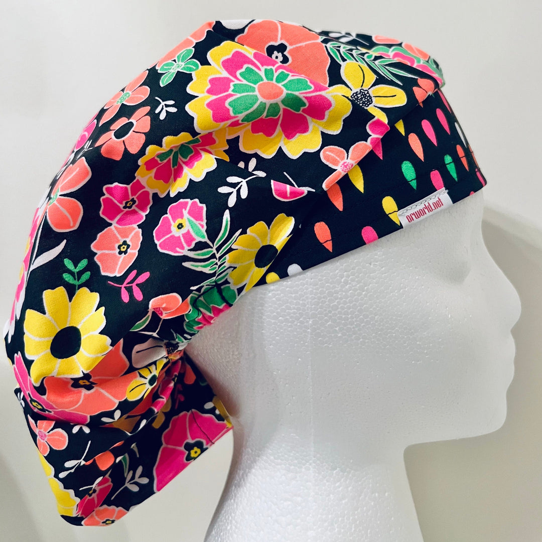Bright Floral Bouffant Scrub Cap – Neon Flower Surgical Hat for Thick Hair Nurses