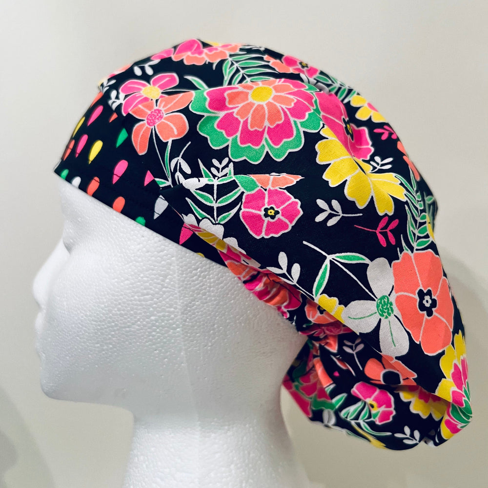 Bright Floral Bouffant Scrub Cap – Neon Flower Surgical Hat for Thick Hair Nurses