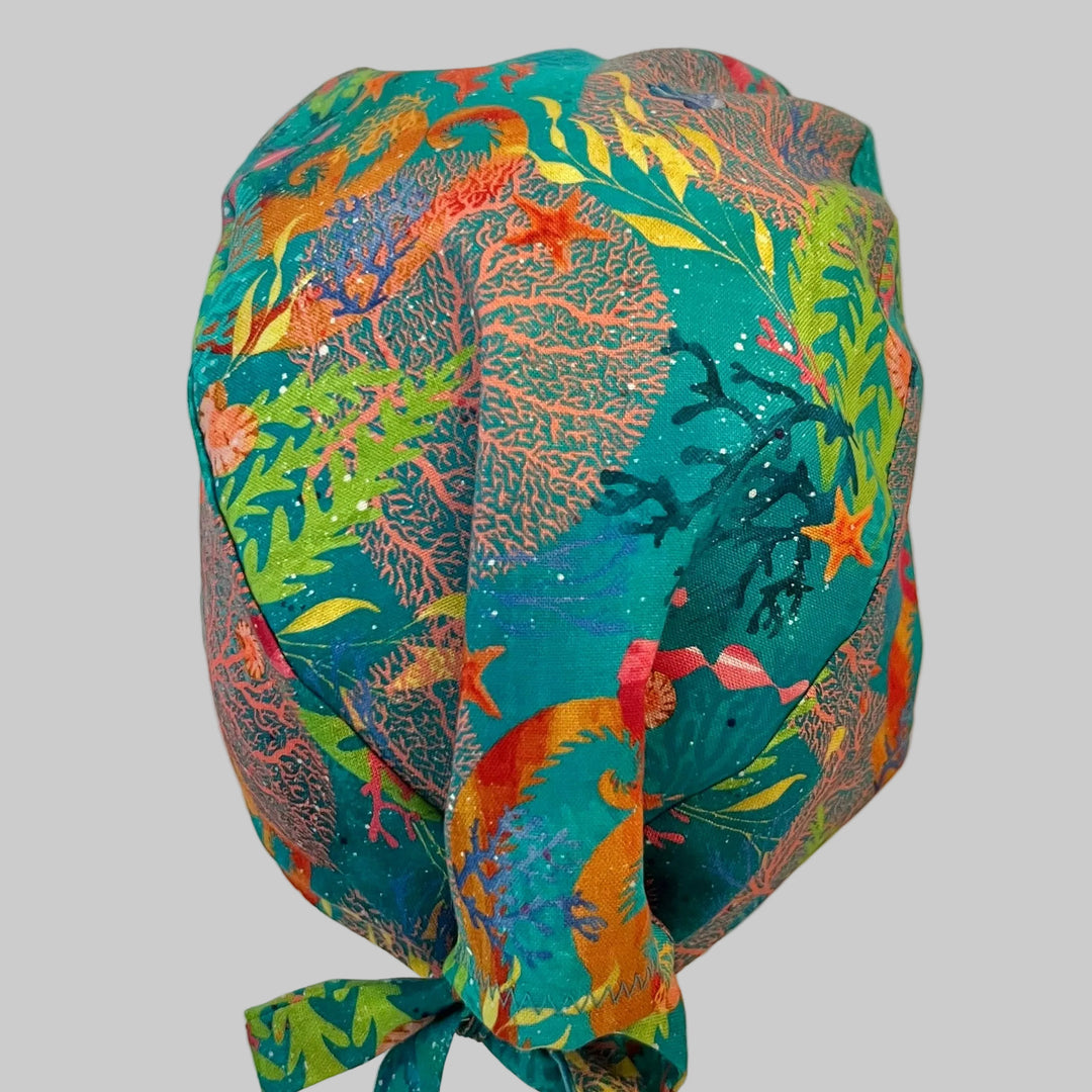 Ocean Scrub Cap – Coral Reef Tie Back Surgical Hat – Colorful Sea Life Nurse Cap – Marine Theme Scrub Hat