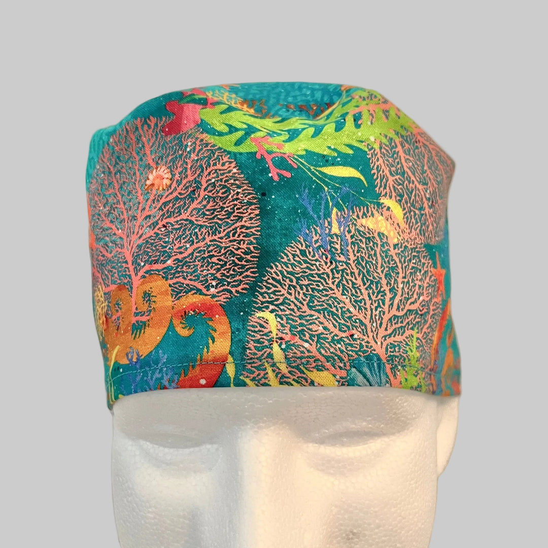 Ocean Scrub Cap – Coral Reef Tie Back Surgical Hat – Colorful Sea Life Nurse Cap – Marine Theme Scrub Hat