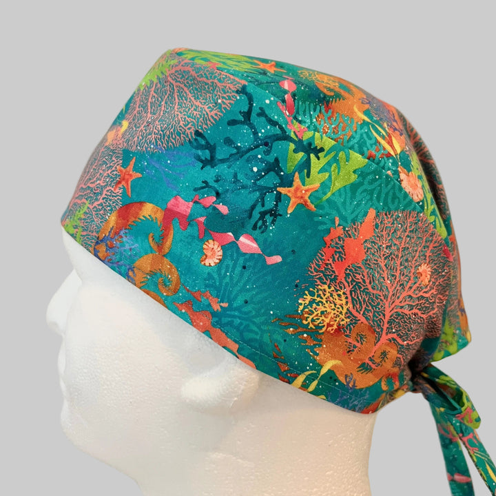 Ocean Scrub Cap – Coral Reef Tie Back Surgical Hat – Colorful Sea Life Nurse Cap – Marine Theme Scrub Hat