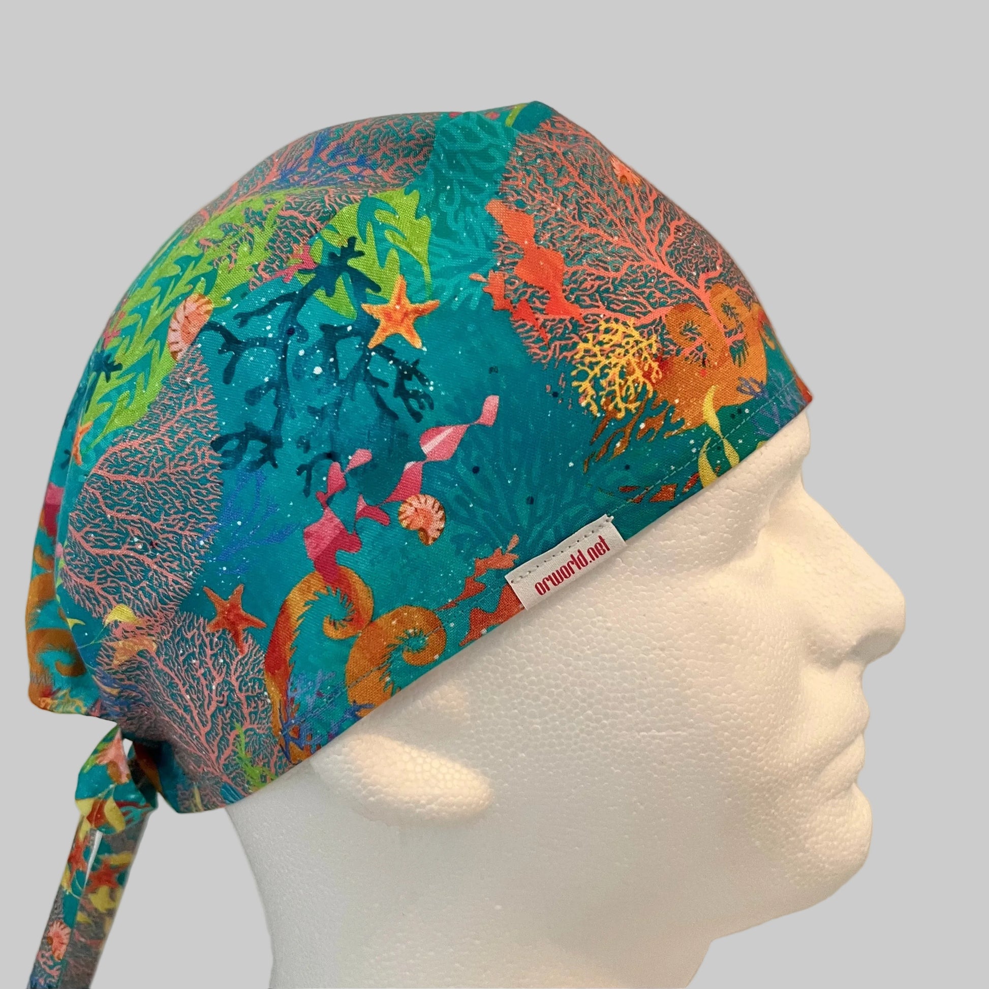 Ocean Scrub Cap – Coral Reef Tie Back Surgical Hat – Colorful Sea Life Nurse Cap – Marine Theme Scrub Hat