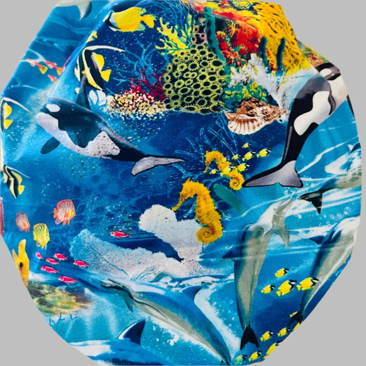 Bouffant Scrub Cap Ocean Life Print | Handmade Surgical Hat for Nurses, Surgeons &amp; Healthcare Professionals | Adjustable OR Cap | Satin Lining Option